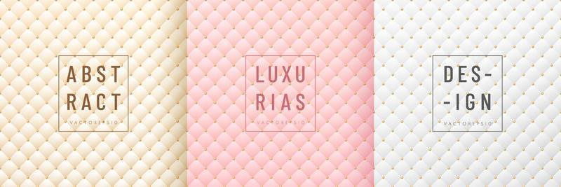 Set of abstract cream, white and pink gold square rhombus pattern with golden beads background. Collection of luxury geometric texture background. Design for cover template, poster, banner, print ad.