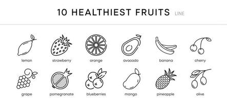 10 piece healthiest fruits icon set. Healthiest fruits diet snack foods vector line icons set. Isolated on a white background. Modern editable line icon set. Your web mobile application logo design.
