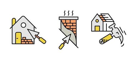 House chimney and brick construction icon set. Architecture icon. Art vector illustration set. Editable row set. Silhouette, colored, linear icon set.