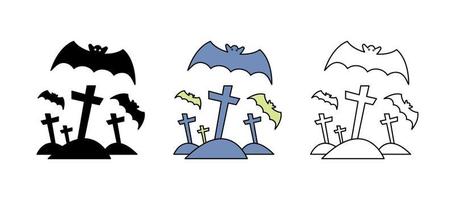 Bat icon flying over cemetery. Set suitable for the concept of Halloween. It is a colorful, silhouettes and linear icon set. vector