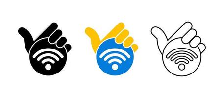 Wifi icon in hand, contactless access. Connecting from device and sharing internet. Editable row set. Silhouette, colored, linear icon set. Logo-web, icon design element. vector