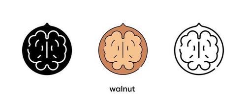 Walnut icon design. Walnut icon set in silhouette, colored and linear. Walnut icon line vector illustration isolated on a clean background for your web mobile application logo design. Modern line.