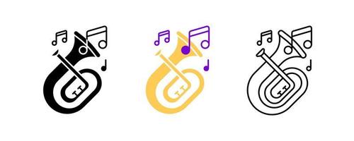 Baritone tuba and musical notes icon set. Entertainment and music icon. Art vector illustration set. Editable row set. Silhouette, colored, linear icon set.