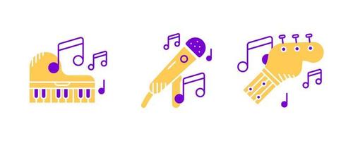 Guitar and guitar neck-strings, microphone, piano and musical notes icon set. Entertainment and music icon. Art vector illustration set. Editable row set. Linear icon set.