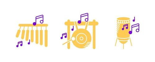 Bar chimes, Big gong, percussion and musical notes icon set. Entertainment and music icon. String instruments set. Editable row set. Colored icon set. vector