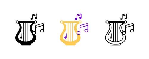 Harp instrument and musical notes icon set. Entertainment and music icon. String instruments set. Editable row set. Silhouette, colored, linear icon set. vector