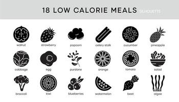 18 low calorie icon set. Low calorie diet snack foods vector line icons set. Isolated on a white background. Modern editable silhouette icon set. Your web mobile application logo design.