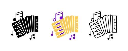 Accordion instrument and musical notes icon set. Entertainment and music icon. String instruments set. Editable row set. Silhouette, colored, linear icon set. vector