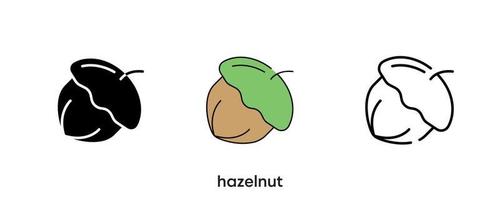 Hazelnut icon design. Hazelnut icon set in silhouette, colored and linear. Hazelnut icon line vector illustration isolated on a clean background for your web mobile application logo design.