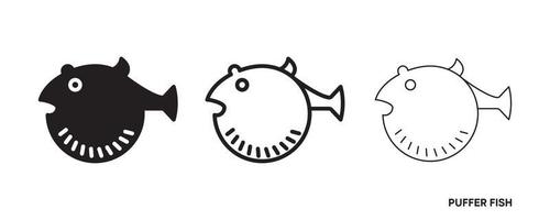 Puffer fish line icon set. Such icons include thin, thick and silhouette puffer fish icon set. Editable line. Fish icon. Fish logo template. Creative vector symbol of fishing club or online web shop.