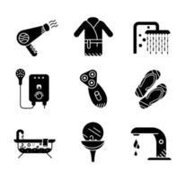 Jacuzzi, blow dryer, flip flops, shaver, bathrobe, faucet and shower cap vector icon set. Bathroom set. Editable row set. Silhouette icon set. Logo-web, icon design element