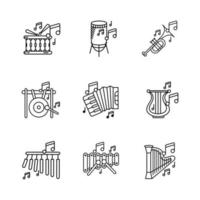 Bar chimes, big gong, percussion, accordion, harp instrument, xylophone and musical notes icon set. Entertainment and music icon. Set of percussion instruments. Editable row set. Linear icon set. vector