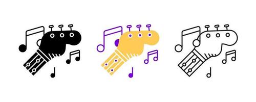 Guitar and guitar stem-strings and musical notes icon set. Entertainment and music icon. Art vector illustration set. Editable row set. Silhouette, colored, linear icon set.