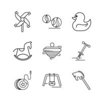 Icon set of oak, duck, rocking horse, yoyo, hand mill, swing and swivel toy and more. Fun and game icon. Child toy set. Editable row set. Linear icon set. vector