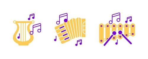 conjunto de iconos de acordeón, arpa, xilófono y notas musicales. ícono de entretenimiento y música. conjunto de instrumentos de cuerda. conjunto de filas editable. conjunto de iconos de colores. vector