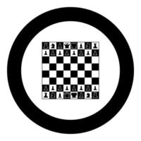 Chessboard and chess pieces line figures icon black color in round circle vector