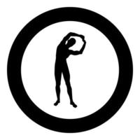 Man doing exercises tilts to the side Sport action male Workout silhouette yoga front view icon black color illustration in circle round vector