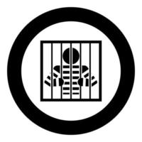 Prisoner behind bars holds rods with his hands Angry man watch through lattice in jail Incarceration concept icon in circle round black color vector illustration flat style image