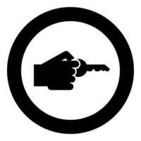 Hand holds key Concept opening Idea success Business access sign Unlock solution Passkey Rent Accessibility symbol icon in circle round black color vector illustration flat style image