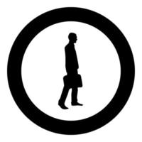 Businessman with briefcase step forward Man with a business bag in his hand silhouesse icon black color illustration in circle round vector