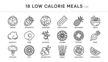 18 low calorie icon set. Low calorie diet snack foods vector line icons set. Isolated on a white background. Modern editable line icon set. Your web mobile application logo design.