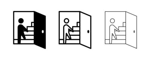 icono de escalera hacia arriba. después de la puerta, la gente sube las escaleras. diseño de línea y silueta aplanable. logotipo, diseño web. vector