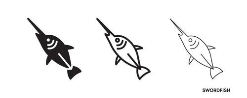 Swordfish line icon set. Such icons include thin, thick and silhouette swordfish icon set. Editable line. Fish icon. Fish logo template. Creative vector symbol of fishing club or online web shop.