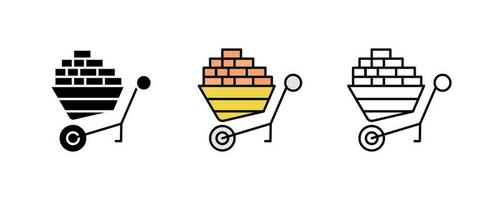 Wheelbarrow and brick construction icon set. Engineering icon. Art vector illustration set. Editable row set. Silhouette, colored and linear icon set.