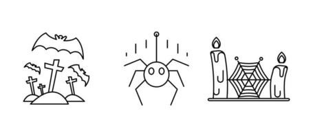 Spider, candle and bat icons hanging in the air. Set for Halloween concept. It is a set of linear icons. vector