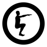 Crouching Man doing exercises crouches squat Sport action male Workout silhouette side view icon black color illustration in circle round vector