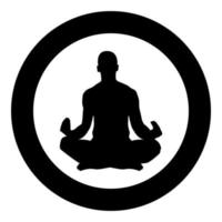 Meditating man Practicing yoga symbol icon black color vector in circle round illustration flat style image