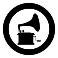 fonógrafo gramófono tocadiscos vintage para discos de vinilo icono en círculo redondo color negro vector ilustración imagen de estilo plano