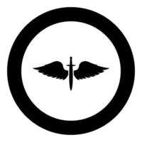 Wings and sword symbol cadets Winged blade weapon medieval age Warrior insignia Blazon bravery concept icon in circle round black color vector illustration flat style image