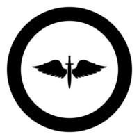 Wings and sword symbol cadets Winged blade weapon medieval age Warrior insignia Blazon bravery concept icon in circle round black color vector illustration flat style image