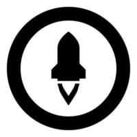 cohete con llama en nave espacial voladora lanzando exploración espacial guerra arma concepto icono en círculo redondo color negro vector ilustración imagen de estilo plano