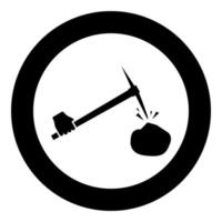 Pickaxe hit stone in hand icon in circle round black color vector illustration image solid outline style