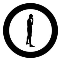 Thinking man standing silhouette Pensive person side view icon black color illustration in circle round vector