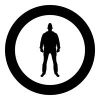 hombre de pie en vista de gorra con icono frontal vector de color negro en círculo redondo ilustración imagen de estilo plano