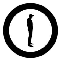 Man standing in cap view with side icon black color vector in circle round illustration flat style image