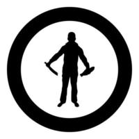 Man with sword machete remove sheath scabbard Cold weapons in hand military man Soldier Serviceman in positions Hunter with knife Fight poses Strong defender Warrior concept Weaponry Stand silhouette vector