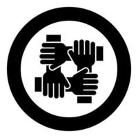 cuatro manos sosteniendo juntos el concepto de trabajo en equipo icono de color negro en círculo vector