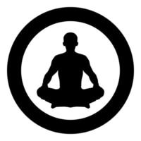 Man in pose lotus Yoga pose Meditation position silhouette Asana icon black color illustration in circle round vector