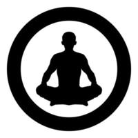 hombre en pose lotus yoga pose meditación posición silueta asana icono color negro ilustración en círculo redondo vector