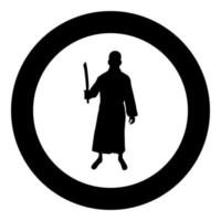 Man with sword machete Cold weapons in hand military man Soldier Serviceman in positions Hunter with knife Fight poses Strong defender Warrior concept Weaponry Stand silhouette in circle round black vector