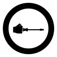 Screw driver in hand tool in use Arm with screwdriver for unscrewing icon in circle round black color vector illustration solid outline style image