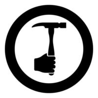 Hammer in hand holding tool use Arm using Working concept icon in circle round black color vector illustration solid outline style image