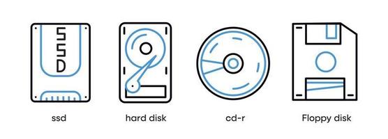 conjunto de iconos ssd, disco duro, cd-r y disquete. este símbolo es el conjunto de símbolos para piezas de computadora. icono de disco colorido. trazo editable. logotipo, web y aplicación. vector