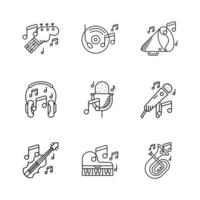 Set of 9 Musical instruments icon. Violin, Baritone tuba, Trumpet, piano, speaker guitar, musical notes and many icon sets. Entertainment and music icon. Art vector illustration set. Linear icon set.