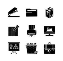 Trash bin, shredder, presentation board, briefcase full of paperwork, paper clips and stapler icon. Office-workplace equipment. Editable row set. Silhouette icon set. Logo-web, icon design element.