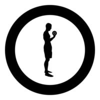 Man doing exercises with dumbbells Sport action male Workout silhouette side view icon black color illustration in circle round vector